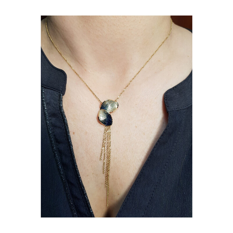 Naszyjnik złoty listki z niebieską emalią FL-017 próba 585