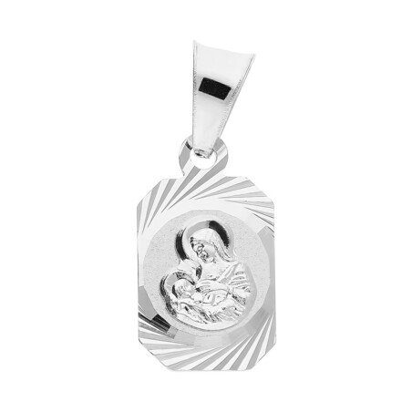 Medalik srebrny Matka Boska Karmiąca w ścinanym  prostokącie MV MD385 próba 925