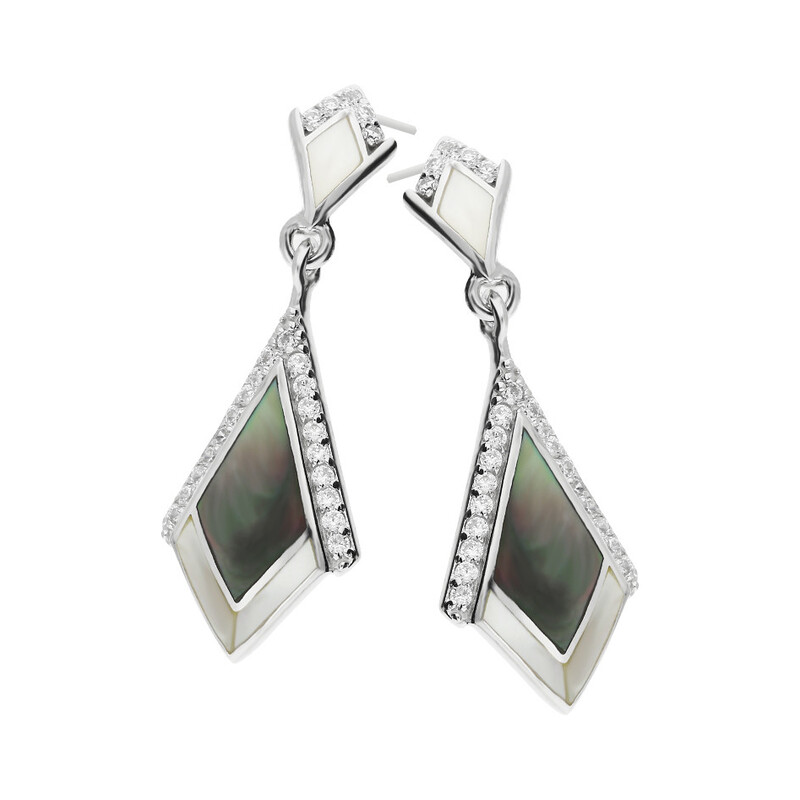 Kolczyki deltoid z zieloną i białą masą perłową i cyrkoniami  NJ07 2610030.3 próba 925