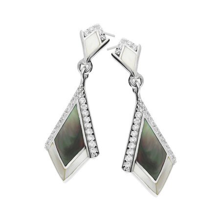 Kolczyki deltoid z zieloną i białą masą perłową i cyrkoniami  NJ07 2610030.3 próba 925