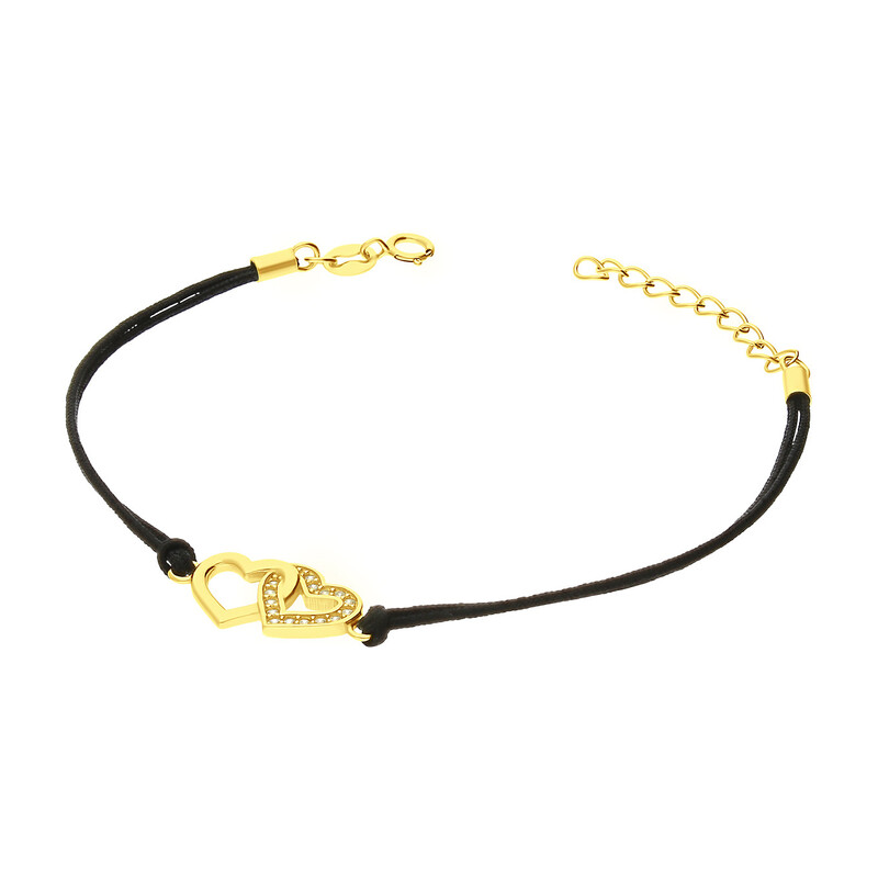 Bransoleta pozłacana serce klanówka na czarnym sznurku PW159 GOLD czarny próba 925
