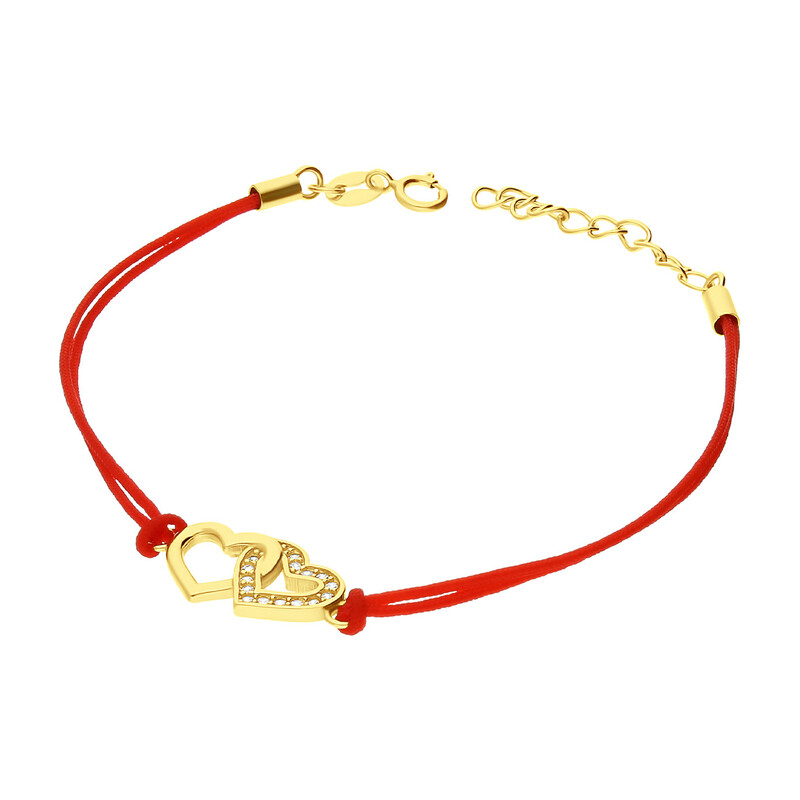Bransoleta pozłacana serce klanówka na czerwonym sznurku PW159 GOLD czerwony próba 925