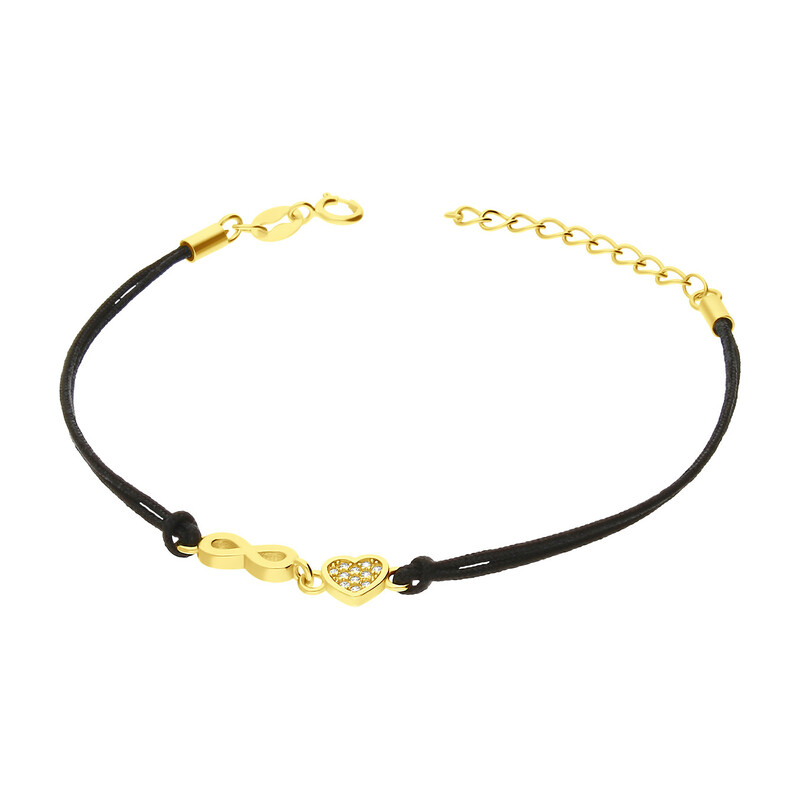 Bransoleta pozłacana infinity i serce z cyrkoniami na czarnym sznurku PW161 GOLD czarny próba 925