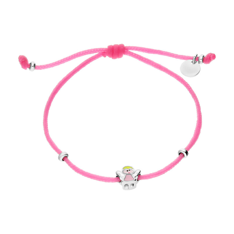 Bransoleta dla dziewczynki anioł z różową emalią na różowym sznurku/zaciągana PW342 różowy próba 925