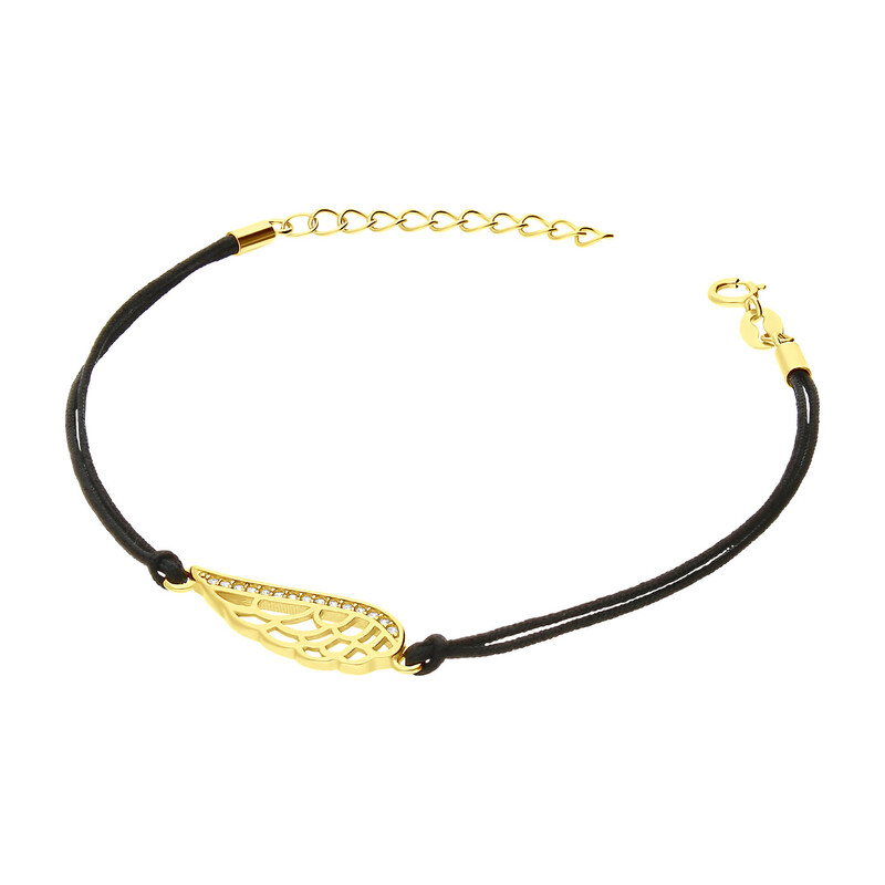 Bransoleta pozłacana ażurowe skrzydło na czarnym sznurku PW366 GOLD czarny próba 925