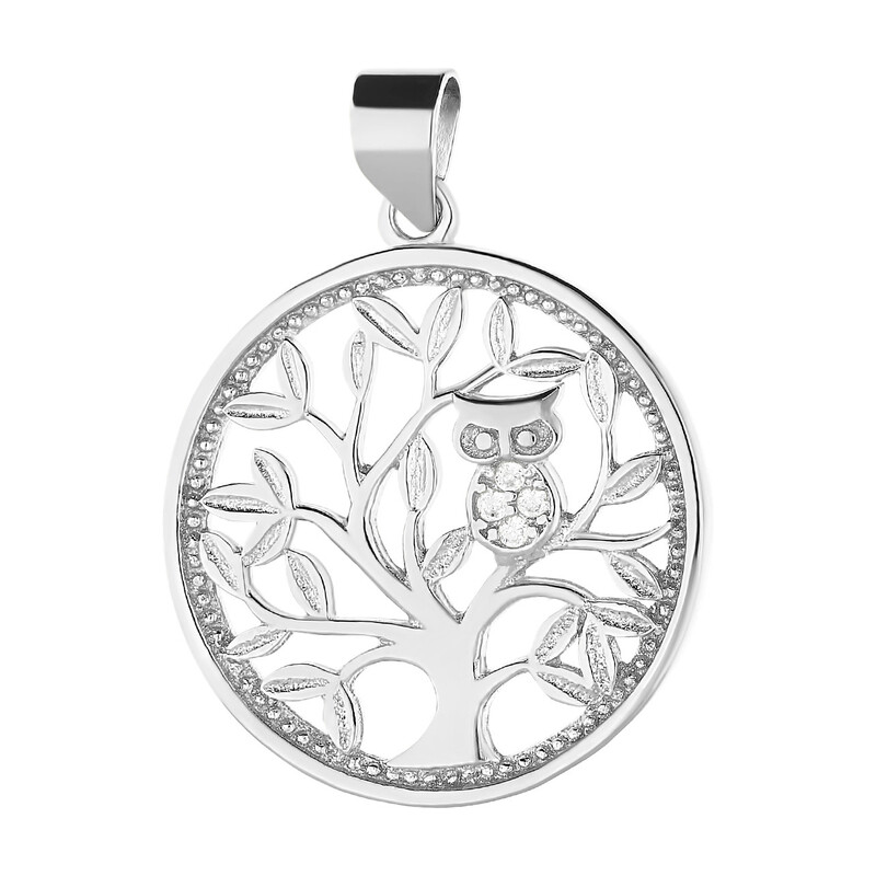 Zawieszka srebrna drzewko z sową z cyrkoniami w kole HS1244 próba 925