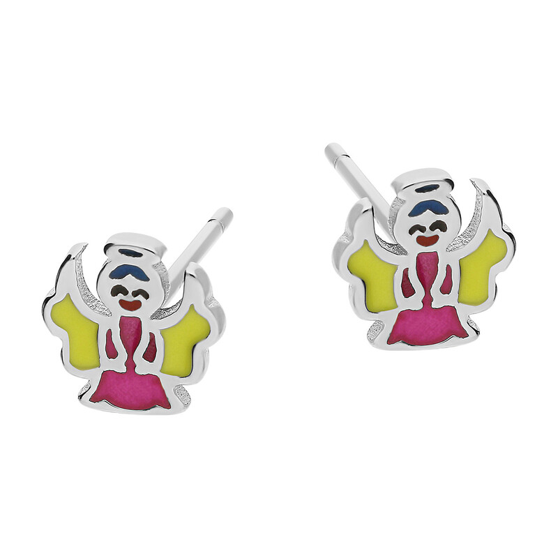 Kolczyki srebrne dla dziewczynki anioł z różową i żółtą emalią/sztyft DA712 próba 925