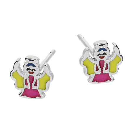 Kolczyki srebrne dla dziewczynki anioł z różową i żółtą emalią/sztyft DA712 próba 925