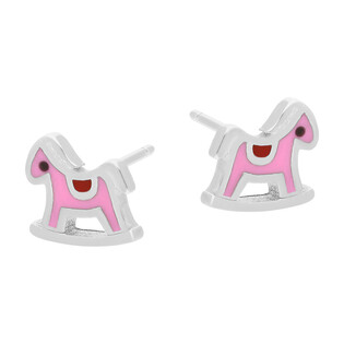 Kolczyki srebrne dla dziewczynki koń na biegunach z różową emalią/sztyft DA719 próba 925