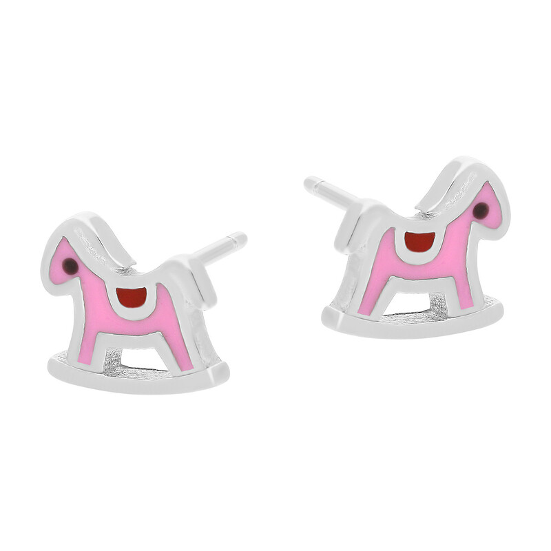 Kolczyki srebrne dla dziewczynki koń na biegunach z różową emalią/sztyft DA719 próba 925