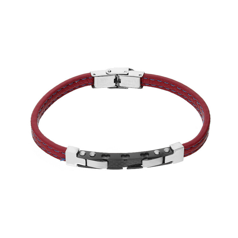Bransoleta męska blaszka z karbonem i ząbkami/malinowa skóra MB A3258