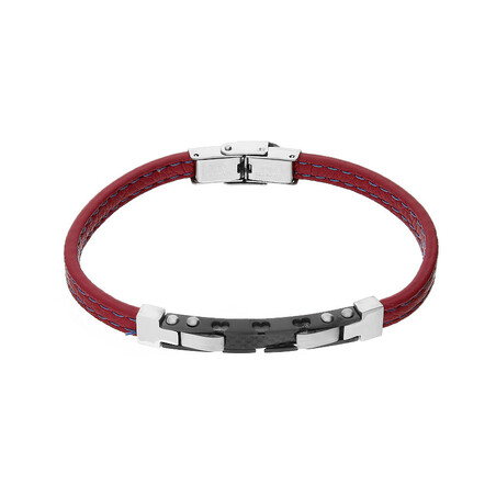 Bransoleta męska blaszka z karbonem i ząbkami/malinowa skóra MB A3258