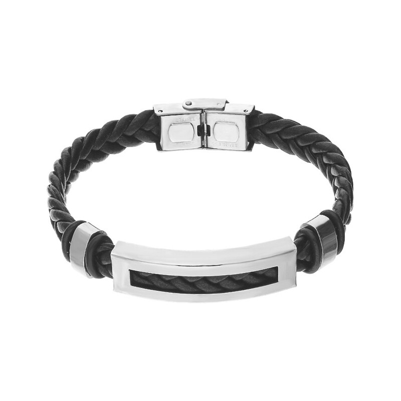 Bransoleta męska czarny warkocz i pusta blaszka Steelman  MB A2009