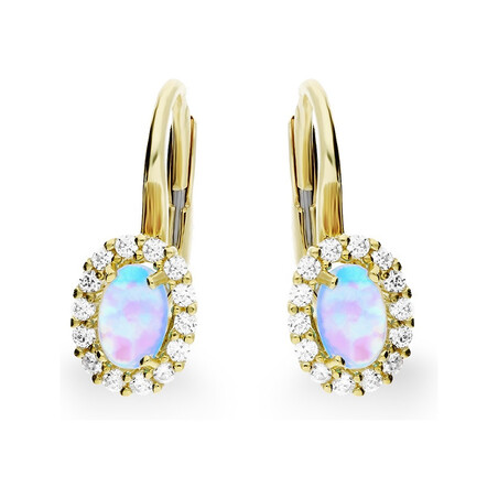 Kolczyki złote z niebieskim opalem jubilerskim i cyrkoniami