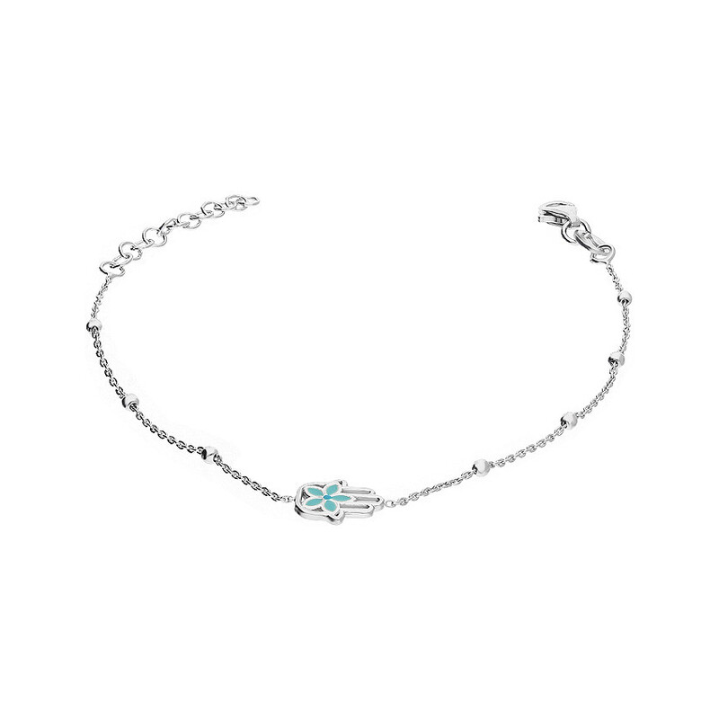 Bransoleta srebrna ręka Fatimy z kwiatkiem i zieloną emalią i kulki NI BRN32493 ROD próba 925