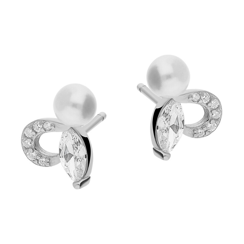 Kolczyki srebrne z białą perłą jubilerską na łezce z cyrkoniami/sztyft A0572 próba 925
