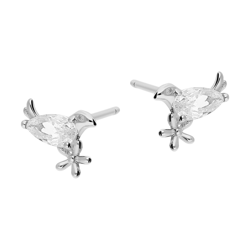 Kolczyki srebrne ptak z cyrkonią i kwiatkiem/sztyft  A0579 próba 925