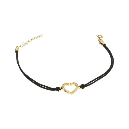 Bransoleta pozłacana serce z cyrkoniami na czarnym sznurku PW87 GOLD czarny próba 925