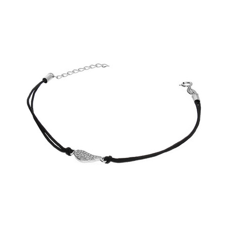 Bransoleta srebrna skrzydło z cyrkoniami na czarnym sznurku PW91 ROD czarny próba 925