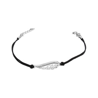 Bransoleta srebrna ażurowe skrzydło z cyrkoniami na czarnym sznurku PW366 ROD czarny próba 925