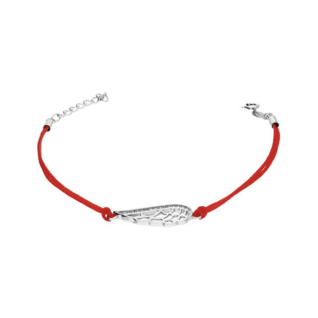 Bransoleta srebrna ażurowe skrzydło z cyrkoniami na czerwonym sznurku PW366 ROD czerwony próba 925