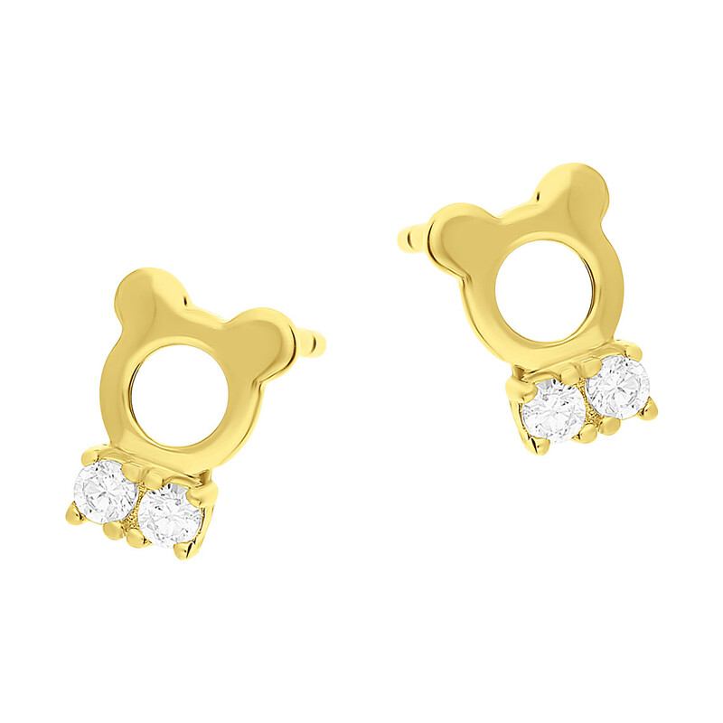 Kolczyki pozłacane dla dziewczynki głowa misia i cyrkonie/sztyft HS901 GOLD próba 925