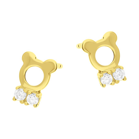 Kolczyki pozłacane dla dziewczynki głowa misia i cyrkonie/sztyft HS901 GOLD próba 925