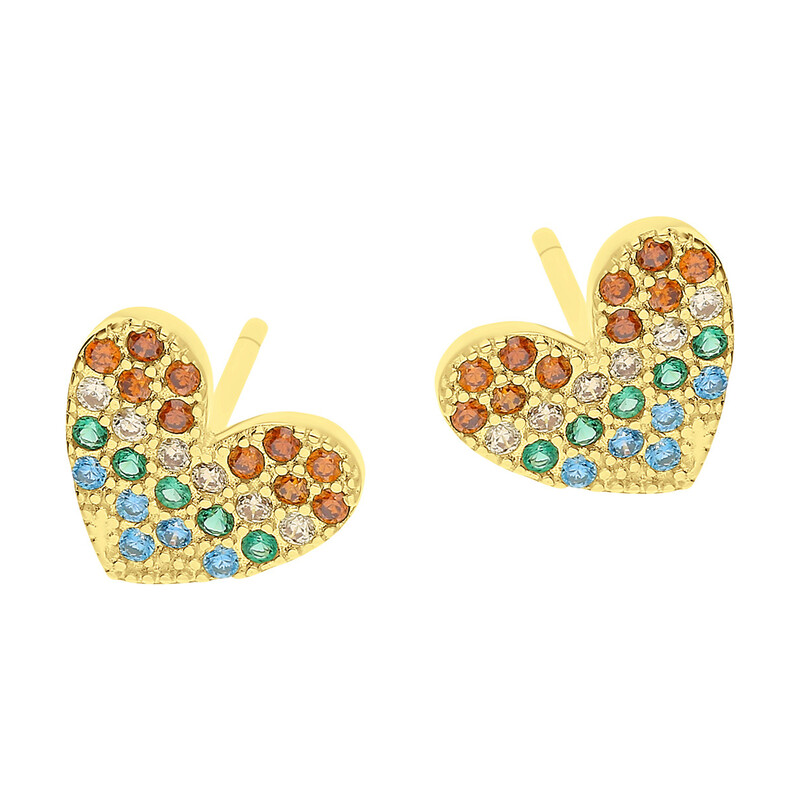 Kolczyki pozłacane serce z wielokolorowymi cyrkoniami/sztyft HS1294 GOLD próba 925