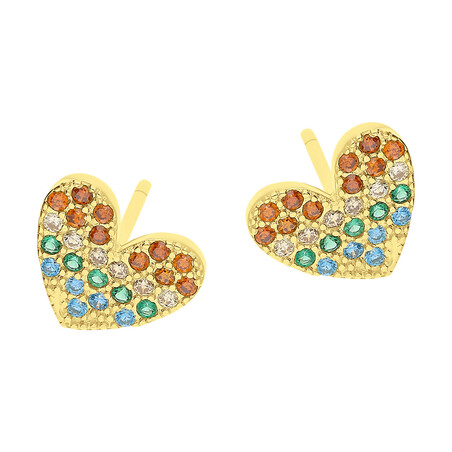 Kolczyki pozłacane serce z wielokolorowymi cyrkoniami/sztyft HS1294 GOLD próba 925