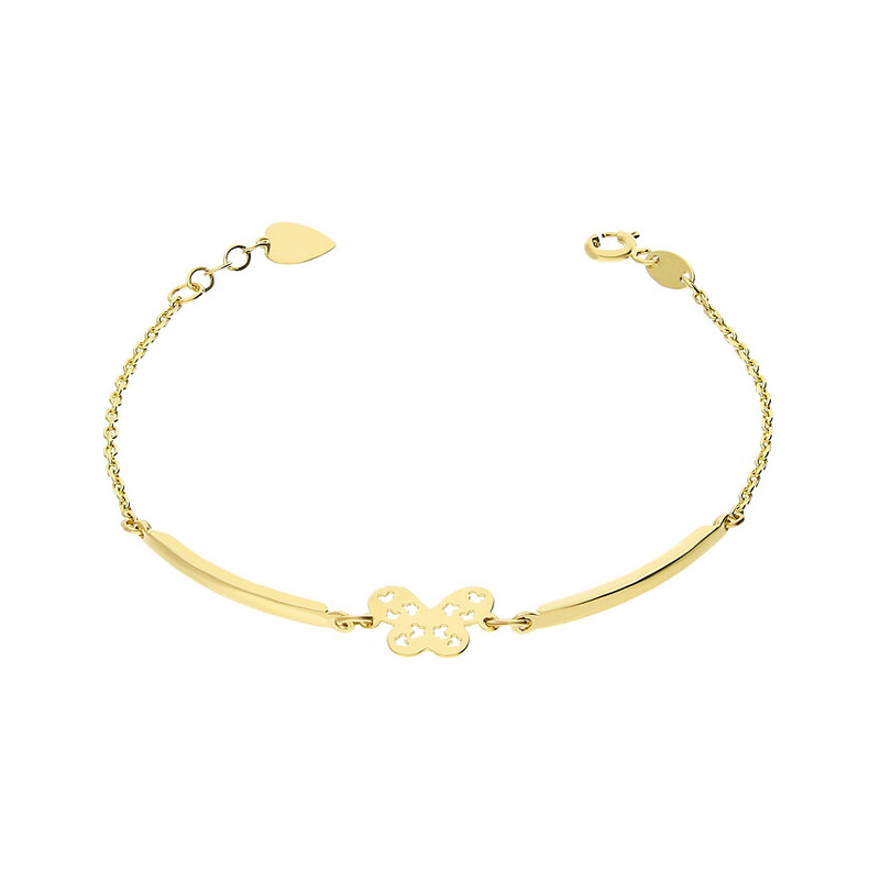 Bransoleta złota dla dziewczynki z blaszkami, motylkiem i wiszącym sercem  OS 193-FA02 próba 585