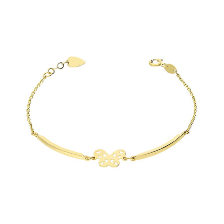 Bransoleta złota dla dziewczynki z blaszkami, motylkiem i wiszącym sercem  OS 193-FA02 próba 585