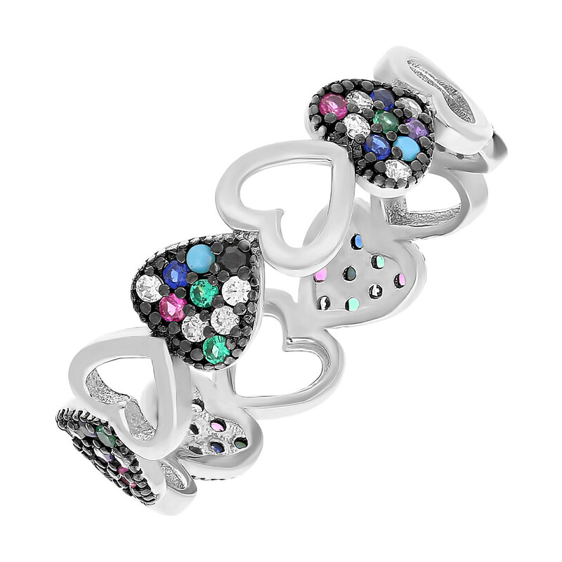 Pierścionek srebrny serca z kolorowymi cyrkoniami i serca ramka SR 293 mix ROD próba 925