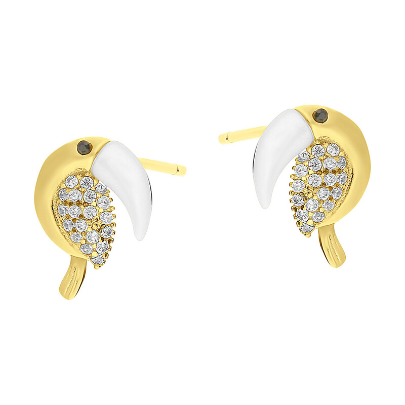 Kolczyki pozłacane pelikan z cyrkoniami i masą perłową/sztyft TB 12612 GOLD próba 925