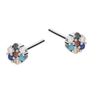 Kolczyki srebrne kółko kwiat z kolorowymi cyrkoniami/sztyft DA705-2 próba 925