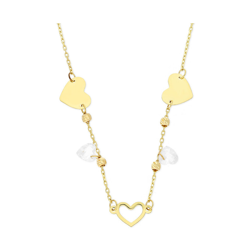 Naszyjnik złoty gładkie serca, kulki i fasetowane cyrkonie/rolo LP 74U355-B0076-N-Y próba 375