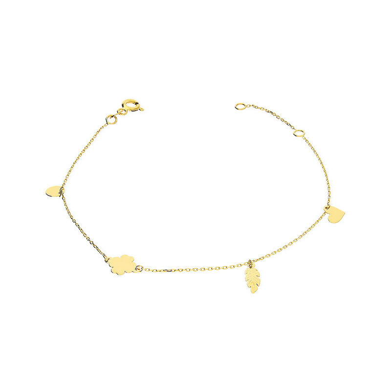 Bransoleta złota wiszące kółko, serce, piórko i koniczynka MZ T23-LZ-ANK-14 próba 585