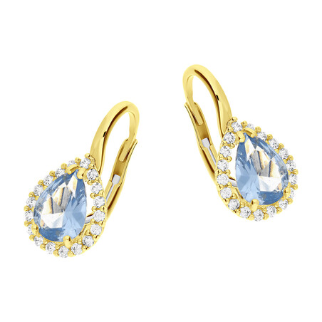 Kolczyki złote kropla z niebieską cyrkonią i białymi cyrkoniami OS 96-3136 TOP próba 585