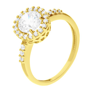 Pierścionek złoty z białą cyrkonią i drobnymi cyrkoniami wokół  OS 96-5432 próba 585