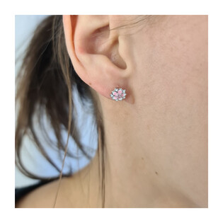 Kolczyki srebrne kwiatek z różową i białą emalią/sztyft AT406 próba 925