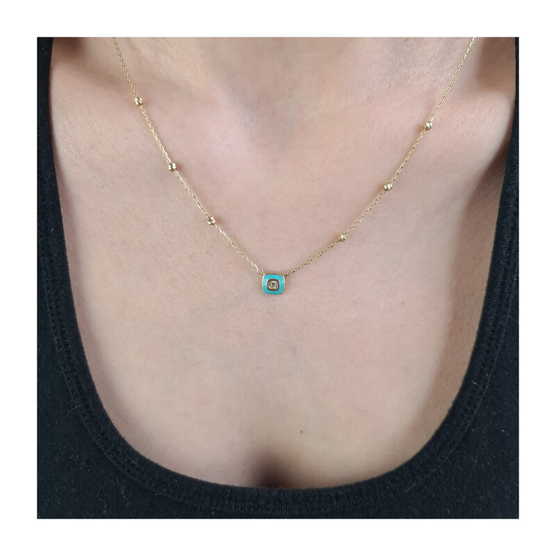 Naszyjnik złoty kwadrat z turkusową emalią i cyrkonią/rolo AR VXFFOR6N7758-III-1-DC-FCZ próba 375