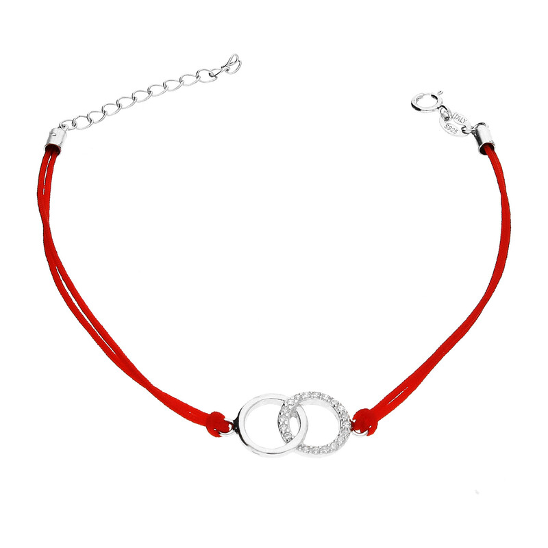 Bransoleta srebrna dwa połączone kółka na czerwonym sznurku PW NEW 281a ROD czerwony próba 925