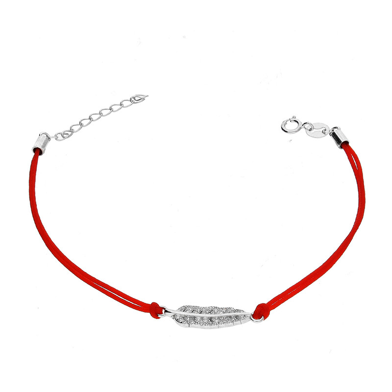 Bransoleta srebrna listek z cyrkoniami na czerwonym sznurku  PW NEW 282 ROD czerwony próba 925