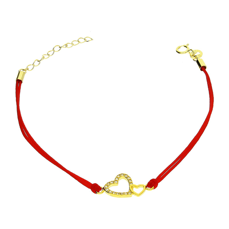 Bransoleta pozłacana serce z cyrkoniami i małe serce na czerwonym sznurku PW NEW 291 GOLD czerwony próba 925