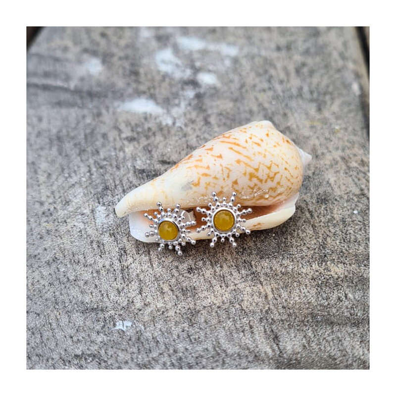 Kolczyki srebrne z żółtą kulką i promieniami/sztyft  JA975 ROD próba 925