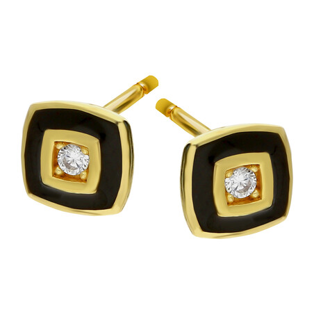 Kolczyki złote kwadrat z czarną emalią i cyrkonią