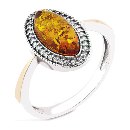 Pierścionek srebrny łezka z bursztynem i cyrkoniami ze złotą blaszką na szynie