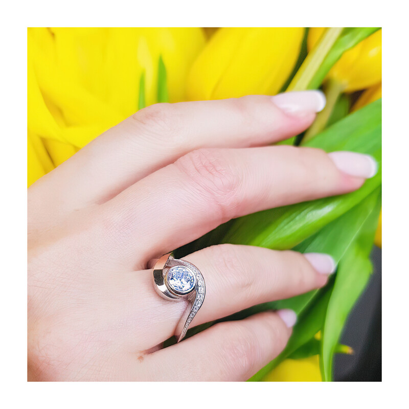 Pierścionek srebrny okrągła cyrkonia i fale PX 515_AU375 blaszka gold