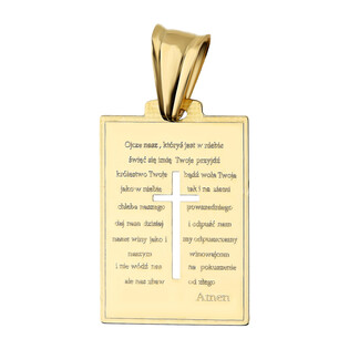 Medalik złoty prostokątna blaszka z modlitwą i wyciętym krzyżem DJ28 PR próba 585