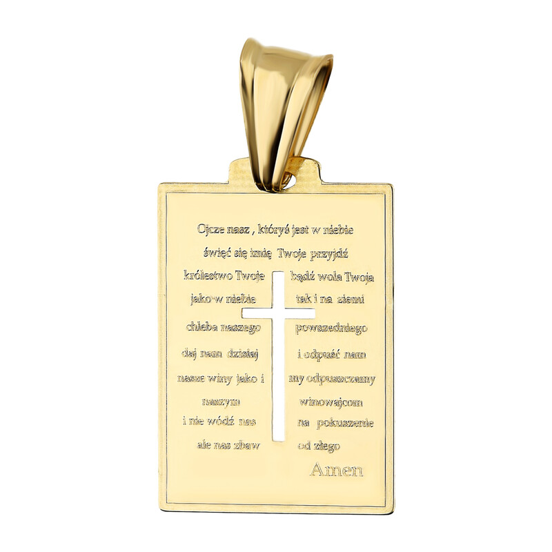 Medalik złoty prostokątna blaszka z modlitwą i wyciętym krzyżem DJ28 PR próba 585