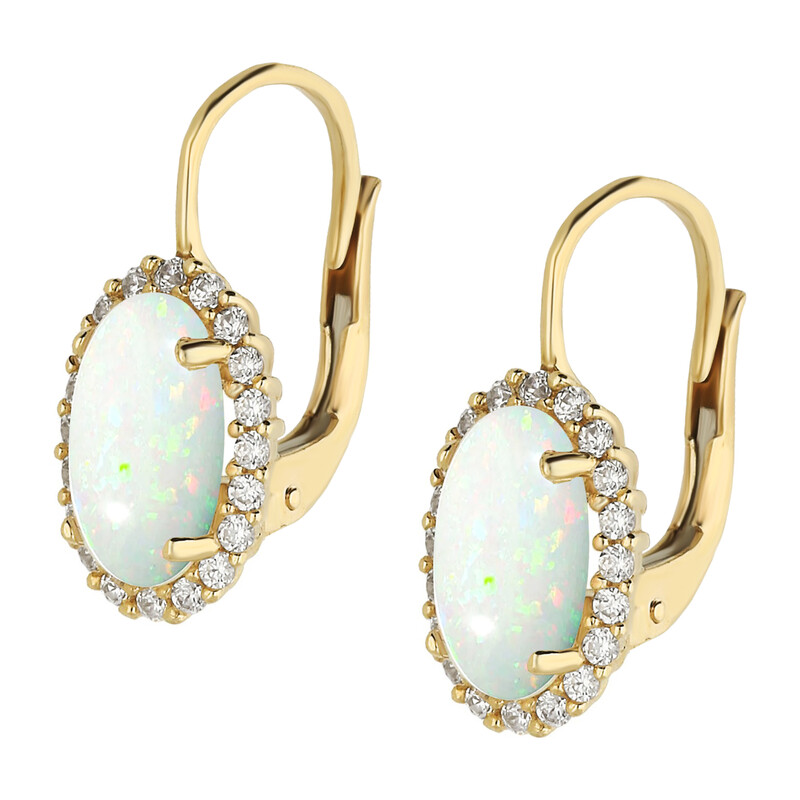 Kolczyki złote opal biały owal z cyrkonią nr OS 96-3058 OPL próba 585